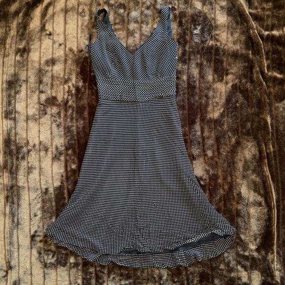 Ann Taylor 0 Immaculate Black Silk Sleeveless Dress White Polka Dots - Picture 1 of 9